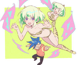  2boys androgynous animal_print bikini blue_eyes blue_hair boots border cosplay crossdressing galo_thymos green_background green_hair horns jacket knee_boots lio_fotia lum lum_(cosplay) male_focus mohawk multiple_boys oerba_yun_fang open_mouth otoko_no_ko outside_border paw_pose promare purple_eyes red_jacket rice_(rice8p) short_hair sidelocks skin_fang sweatdrop swimsuit ten_(urusei_yatsura) tiger_print urusei_yatsura white_border 