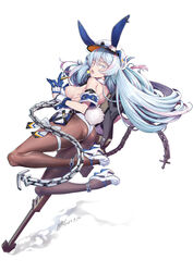  animal_ears ass ayaki bare_shoulders blue_gloves blue_hair breasts candy chains colored_eyelashes dated fake_animal_ears female food from_behind gloves hat high_heels highres jitome jumping lollipop looking_at_viewer mole mole_on_breast open_mouth original pantyhose pink_hair playboy_bunny rabbit_ears ribs sideboob signature simple_background solo weapon white_background white_eyes white_footwear white_hat 