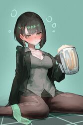  absurdres alcohol allmind_(armored_core_6) armored_core armored_core_6 beer beer_mug black_gloves black_hair black_jacket black_pantyhose blush breasts cleavage collarbone collared_shirt commentary_request cup drunk ear_blush earrings ekrea_jan female foam gloves green_eyes green_necktie grey_shirt hair_ornament hairpin highres jacket jewelry medium_breasts medium_hair miniskirt mug necktie on_floor open_clothes open_jacket pantyhose pencil_skirt personification sad shirt sitting skirt solo squeans tears unworn_necktie wariza wide_hips 