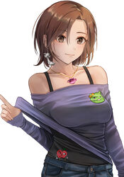  absurdres bare_shoulders black_camisole blush breasts brown_hair camisole character_print clothes_lift collarbone daiko_(dai1974910) debi_tarou denim female highres idolmaster idolmaster_cinderella_girls jeans lifting_own_clothes looking_at_viewer medium_breasts mizuki_seira off-shoulder_shirt off_shoulder pants pina_korata ringorou_(idolmaster) shirt shirt_lift simple_background smile solo white_background 