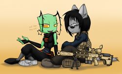  2017 alien alien_humanoid antennae_(anatomy) anthro ar-10 ar_platform black_hair clothing dialogue digital_media_(artwork) domestic_cat duo english_text eyelashes fan_character felid feline felis female fingerless_gloves fingers footwear fur gloves green_body green_skin grey_body grey_fur gun hair handwear humanoid invader_zim irken male mammal nickelodeon orange_sclera ranged_weapon sanavava_(zerna) sandwich-anomaly scar shoes simple_background simple_eyes sitting smile sniper teeth text topwear van_(sandwich-anomaly) vest weapon whiskers yellow_eyes 