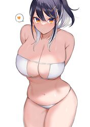  arms_behind_back bare_shoulders bikini black_hair blush breasts cleavage collarbone colored_inner_hair eyepatch_bikini female grey_hair hair_ornament hairclip heart highres indie_virtual_youtuber large_breasts looking_at_viewer medium_hair multicolored_hair navel orange_eyes shirasu_(mashiro_(rikuya)) shirasu_uni short_ponytail sidelocks simple_background solo spoken_heart swept_bangs swimsuit thighs virtual_youtuber white_background white_bikini 