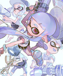  2boys 2girls absurdres aerospray_(splatoon) arm_up aspara barefoot baseball_cap black_shorts blue_footwear blue_headwear blunt_bangs bracelet commentary_request dolphin_shorts fangs grey_eyes grey_headwear grey_shirt hat helmet highres holding holding_weapon inkling inkling_boy inkling_girl inkling_player_character jewelry jumping leaning_forward leggings legs_up light_blush long_hair looking_at_viewer looking_back mask medium_hair mini_splatling_(splatoon) multiple_boys multiple_girls octoshot_(splatoon) open_mouth parted_lips pointy_ears purple_eyes sandals shirt short_shorts short_sleeves shorts simple_background smile splat_bomb_(splatoon) splatoon_(series) splatoon_2 splattershot_jr_(splatoon) t-shirt tentacle_hair weapon white_background 