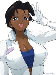  artist_name black_hair blue_eyes blue_shirt breasts cleavage collarbone crop_top cropped_shirt dark-skinned_female dark_skin earrings female gloves gundam hair_behind_ear jewelry large_breasts leaning_back looking_at_viewer marbet_fingerhat mitsutsu322 necklace normal_suit pilot_suit shirt short_hair smile solo v victory_gundam white_background white_gloves 