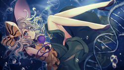  air_bubble black_nails bow bubble collared_shirt commentary_request dna double_helix female green_eyes green_skirt grey_hair hat hat_bow high_heels highres komeiji_koishi kyouda_suzuka nail_polish parted_lips scrunchie shirt shoes skirt sleeveless sleeveless_shirt solo third_eye touhou wrist_scrunchie yellow_shirt 