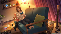  acoustic_guitar black_cat blush book brown_eyes brown_hair cat_teaser clock feline female guitar highres indoors instrument jewelry lampshade long_hair necklace open_book original reading shelf sitting smile solo table taka_(tsmix) 