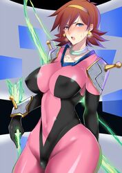  blue_eyes blush bow breasts brown_hair cockpit covered_navel covered_nipples earrings female g_gundam gundam hairband highres jewelry kawabata_yoshihiro large_breasts looking_at_viewer mobile_trace_suit open_mouth rain_mikamura short_hair skin_tight solo sweat thick_thighs thighs v-shaped_eyebrows yellow_hairband 