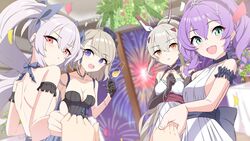  4girls absurdres aerial_fireworks alternate_costume arm_garter ayanami_(azur_lane) azur_lane backless_dress backless_outfit black_gloves blonde_hair breasts cocktail_dress commentary_request cowboy_shot cross cross_earrings cross_hair_ornament cross_necklace cup dress dutch_angle earrings elbow_gloves fireworks gloves green_eyes grey_hair hair_ornament half_gloves headgear highres holding holding_cup indoors iron_cross javelin_(azur_lane) jewelry laffey_(azur_lane) long_hair looking_at_viewer medium_hair multiple_girls necklace open_mouth orange_eyes ponytail pov pov_hands purple_eyes purple_hair red_eyes sideboob sideless_outfit small_breasts sunebu_(snake_boo2) very_long_hair white_dress z23_(azur_lane) 