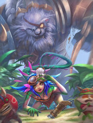  3:4 absurd_res anthro blue_hair braided_hair duo_focus eye_patch eyewear female fur group hair hi_res humanoid league_of_legends male neeko_(lol) plant rengar_(lol) riot_games teemo_(lol) tencent tony_maverick tristana_(lol) white_body white_fur white_hair yordle ziggs_(lol) 