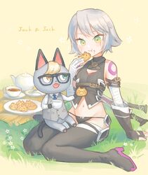  1boy absurdres animal_crossing animal_ears arm_belt artist_name bandaged_arm bandages bare_shoulders black-framed_eyewear black_gloves black_panties black_thighhighs blue_neckwear blush bob_(animal_crossing) boots breasts brown_eyes cat_ears cat_tail cleavage_cutout clothing_cutout commentary cookie crop_top crossover dagger eating fate/apocrypha fate/grand_order fate_(series) feline female fingerless_gloves food fou_(fate) glasses gloves green_eyes heterochromia highres jack_the_ripper_(fate/apocrypha) knife lolly_(animal_crossing) lowleg lowleg_panties marshal_(animal_crossing) miyamo_(fumifumi_no_ura) name_connection navel panties punchy_(animal_crossing) purple_footwear raymond_(animal_crossing) rosie_(animal_crossing) rover_(animal_crossing) scar scar_across_eye scar_on_cheek scar_on_face shirt short_hair shoulder_tattoo simple_background single_glove sitting sitting_on_lap sitting_on_person small_breasts smile sweater_vest tail tattoo thigh_boots thighhighs thighs underwear wariza weapon white_hair white_shirt 