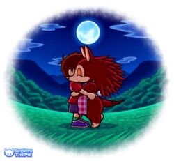  2021 animal_crossing anthro apron apron_only black_nose bottomwear brown_body brown_fur brown_hair circle clothed clothing cloud daww duo eulipotyphlan eyelashes eyeshadow female female_on_human footwear forest freckles full_moon fur grass guywiththepie hair happy hedgehog hug human human_on_anthro interspecies leg_markings light love makeup male male/female mammal markings moon moonlight mostly_nude night nintendo outside pattern_apron pattern_clothing plaid plaid_apron plaid_clothing plant quills_(anatomy) sable_able shirt shoes shorts sky slightly_chubby slightly_chubby_female smile socks socks_(marking) star starry_sky striped_markings striped_tail stripes tail tail_markings tan_body tan_fur thick_thighs topwear tree villager_(animal_crossing) 