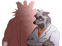  2021 anthro biped clothing dave_(password) duo humanoid_hands hyena incognitopheno male mammal oswin_(password) password_(visual_novel) shirt simple_background striped_hyena suid suina sus_(pig) topwear white_background wild_boar 