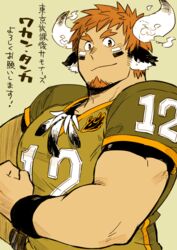  1boy american_football_uniform animal_ears bara blush brown_hair eye_black facial_hair feathers fiery_horns flexing forked_eyebrows glowing_horns goatee horns jewelry kuro_nezumi_inu large_pectorals looking_at_viewer male_focus muscular muscular_male native_american pectorals pose shirt short_hair short_sleeves simple_background smile solo sportswear sweatband thick_eyebrows tokyo_afterschool_summoners upper_body wakan_tanka 