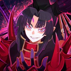  armor black_gloves black_hair breasts eyeliner fate/grand_order fate_(series) female gloves grin hair_bun hat japanese_armor katana long_hair makeup mask_on_shoulder multicolored_eyes nada_haruka orange_eyes parted_bangs purple_eyes ringed_eyes side_ponytail sidelocks single_hair_bun single_side_bun smile solo sword taira_no_kagekiyo_(fate) tate_eboshi ushiwakamaru_(fate) very_long_hair weapon 