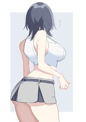  absurdres back bare_shoulders black_hair breasts colored_inner_hair crop_top female grey_hair grey_skirt highres indie_virtual_youtuber large_breasts medium_hair midriff miniskirt multicolored_hair shirasu_(mashiro_(rikuya)) shirasu_uni shirt skirt sleeveless sleeveless_shirt solo thighs virtual_youtuber white_shirt 