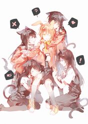  ! 5girls ? anger_vein animal_ears cat_ears chinese_commentary commentary_request dress heart highres holding_hands hug hug_from_behind kneeling koito_yuu min_(120716) multiple_girls multiple_persona nanami_touko one_eye_closed pinafore_dress rabbit_ears ribbon school_uniform simple_background sitting sleeveless sleeveless_dress smile standing sweatdrop tail tohmi_higashi_high_school_uniform yagate_kimi_ni_naru yuri 