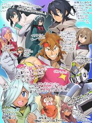  3girls 5boys animal_ear_fluff animal_ears animal_nose black_gloves black_hair black_jacket blue_eyes blue_hair blue_headwear blush bow breasts brown_hair chanmura collared_shirt dark-skinned_male dark_skin dress elbow_gloves fox_ears freddie_(gundam_build_divers_re:rise) furry furry_female furry_male gloves glowing glowing_eyes green_dress green_eyes green_hairband green_hoodie gundam gundam_build_divers gundam_build_divers_re:rise gundam_justice_knight hair_behind_ear hair_over_one_eye hairband hand_on_own_cheek hand_on_own_face hat headband highres hood hood_down hoodie jacket kuga_hiroto lolita_hairband long_hair looking_at_viewer looking_to_the_side magee maiya_(gundam_build_divers_re:rise) may_(gundam_build_divers_re:rise) mecha medium_breasts mukai_hinata multiple_boys multiple_girls muscular muscular_male nanase_nanami_(gundam_build_divers) oerba_yun_fang parviz_(gundam_build_divers_re:rise) ponytail pout purple_hair red_bow red_headband robot shirt short_hair smile sparkle sunglasses torimachi_kazami translation_request v-fin v-shaped_eyebrows very_long_hair white_shirt yellow_shirt 