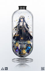  animal_ears arknights astesia_(arknights) bird_ears bird_tail blue_eyes blue_hair blue_skirt bottle breasts bubble chinese_commentary commentary female floating full_body gold_trim highres holding holding_sword holding_weapon in_bottle in_container infection_monitor_(arknights) layered_skirt long_hair looking_at_viewer material_growth medium_breasts oripathy_lesion_(arknights) painting_(object) qr_code reflection rhine_lab_logo shirt simple_background skirt smile solo star_(symbol) sword tail telescope weapon white_shirt winged_sword yuuki_mix 