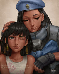  2girls aged_down alternate_hairstyle ana_(overwatch) armor artist_name bare_shoulders beret black_gloves black_hair blue_coat blue_headwear braid brown_background brown_eyes captain_amari closed_eyes coat collarbone commentary dark-skinned_female dark_skin dated deviantart_username english_commentary eye_of_horus eyebrows eyelashes facial_mark facial_tattoo fingerless_gloves fingernails gloves hair_ornament hair_tubes hand_on_another&#039;s_head hat headpat high_collar highres italian_commentary jacket lips lolicon long_sleeves medium_hair military military_uniform mixed-language_commentary mother_and_daughter multiple_girls nose official_alternate_costume overwatch overwatch_1 paid_reward_available patreon_username pharah_(overwatch) realistic sciamano240 side_braids signature sleeveless smile swept_bangs tattoo uniform upper_body watermark web_address 