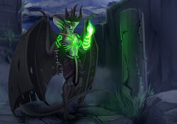  2021 anthro claws cobra demon demonic digital_drawing_(artwork) digital_media_(artwork) dungeons_and_dragons egyptian fangs fire fireball glowing glowing_body glowing_eyes hasbro horn hybrid magic_user male night open_mouth reptile ruins runes scalie snake snake_hood solo sunny_way teeth wings wizards_of_the_coast 