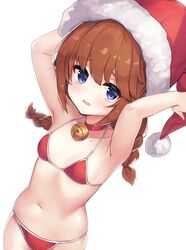  2drr armpits arms_up bare_arms bare_shoulders bell bikini blue_eyes blush braid breasts brown_hair choker christmas collarbone commentary cowboy_shot dutch_angle female fur-trimmed_headwear fur_trim hat highres jingle_bell long_hair looking_at_viewer navel neck_bell open_mouth princess_connect! red_bikini red_choker red_hat santa_bikini santa_hat simple_background small_breasts solo standing stomach swimsuit twin_braids white_background yuni_(princess_connect!) 