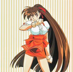  1990s_(style) anna_miller breasts brown_hair cowboy_shot female fingerless_gloves gloves high_ponytail kimura_takahiro large_breasts long_hair miniskirt non-web_source official_art orange_skirt parted_lips pencil_skirt puffy_short_sleeves puffy_sleeves red_eyes red_ribbon retro_artstyle ribbon short_sleeves skirt solo striped striped_background takeuchi_yuka underbust variable_geo very_long_hair waitress 