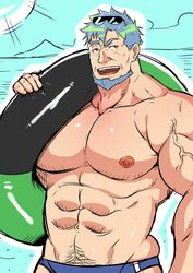  1boy :d abs aqua_hair artist_request ass_lift bara blue_male_swimwear cowboy_shot earth-chan earth-ojisan facial_hair genderswap_(ftm) goatee green_hair highres holding holding_innertube innertube large_pectorals light_blush male_focus male_swimwear mature_male muscular muscular_male navel_hair nipples old old_man original parody pectorals rule_63 short_hair sideburns skindentation smile solo stomach sunglasses swim_briefs topless_male veins veiny_arms 