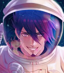  1boy alternate_costume astronaut blood cassiopeia_(constellation) collarbone constellation crying crying_with_eyes_open danganronpa_(series) danganronpa_v3:_killing_harmony facial_hair female goatee grin hair_between_eyes hair_ornament hair_scrunchie hairclip harukawa_maki helmet highres looking_at_another looking_at_viewer low_twintails male_focus medium_hair missarilicious momota_kaito open_mouth pink_blood pink_eyes red_eyes red_scrunchie reflection scrunchie sky smile solo_focus space space_helmet star_(sky) starry_sky tears teeth twintails upper_body upper_teeth_only 