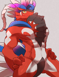  ancient_pokemon anthro apex_build_koraidon blush cotton_(artist) featureless_crotch generation_9_pokemon hi_res koraidon legendary_pokemon looking_at_viewer male muscular muscular_male nintendo paradox_pokemon pecs pokemon pokemon_(species) smile solo 