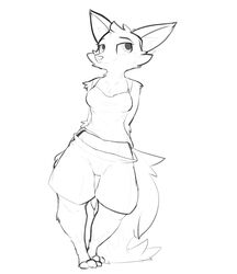  2019 absurd_res anthro barefoot bottomwear canid canine cheek_tuft clothed clothing facial_tuft feet female fox fully_clothed fur head_tuft hi_res mammal monochrome shorts simple_background solo standing tuft white_background zhanbow 