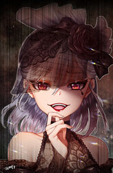  :d artist_name bare_shoulders black_flower black_rose collarbone eyelashes female flower grey_hair identity_v lace_trim lolita_fashion long_sleeves looking_at_viewer official_alternate_costume open_mouth portrait red_eyes red_lips rose see-through short_hair smile solo teeth tempy_(rinsia) upper_teeth_only veil vera_nair vera_nair_(fatal_affection) 