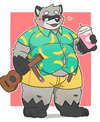  2022 absurd_res anthro belly big_belly black_body black_nose blush bottomwear clothing cute_fangs grey_body heart_symbol hi_res humanoid_hands jamiephut kemono male mammal musical_instrument overweight overweight_male procyonid raccoon shirt shorts simple_background solo topwear 