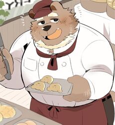  2020 anthro apron bakery_bear_(hyaku) bear blush bottomwear bread brown_body brown_fur clothing cute_fangs detailed_background food fur hat headgear headwear humanoid_hands hyaku_(artist) kemono male mammal overweight overweight_anthro overweight_male pants shirt solo topwear 