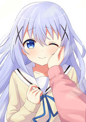  2girls ;) blue_eyes blue_ribbon closed_mouth collarbone floating_hair furutori gochuumon_wa_usagi_desu_ka? grey_hair hair_between_eyes hair_ornament hand_on_another&#039;s_cheek hand_on_another&#039;s_face highres hoto_cocoa kafuu_chino kafuu_chino&#039;s_school_uniform long_hair looking_at_viewer multiple_girls neck_ribbon one_eye_closed pov pov_hands ribbon sailor_collar school_uniform simple_background smile solo_focus sweater upper_body very_long_hair white_background white_sailor_collar white_sweater x_hair_ornament 