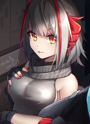  :p arknights bare_shoulders black_gloves breasts chinese_commentary commentary dated doctor_(arknights) fang_out female fingerless_gloves gloves grey_hair grey_scarf grey_shirt hand_on_own_chest highres horns indoors katsuki_natsu large_breasts looking_at_viewer nail_polish oerba_yun_fang red_nails scarf shirt short_hair sleeveless sleeveless_shirt solo_focus tongue tongue_out upper_body w_(arknights) yellow_eyes 