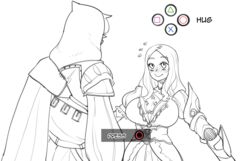  1boy assassin&#039;s_creed_(series) assassin&#039;s_creed_ii blush breasts commentary english_commentary ezio_auditore_da_firenze fate/grand_order fate_(series) female flying_sweatdrops gameplay_mechanics height_difference hood imminent_hug large_breasts leonardo_da_vinci_(fate/grand_order) long_hair minkye monochrome parody quick_time_event 