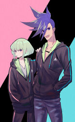  2boys androgynous asymmetrical_hair black_hoodie blue_eyes blue_hair eyes_visible_through_hair galo_thymos green_hair hand_on_another&#039;s_shoulder hands_in_pockets highres hood hoodie lio_fotia looking_at_viewer male_focus mohawk multiple_boys open_mouth promare purple_eyes rice_(rice8p) short_hair sidecut sidelocks smile undercut zipper 