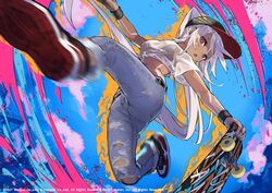  absurdly_long_hair azur_lane baseball_cap black_bra black_hat blue_background blue_pants bodypaint bra bra_visible_through_clothes breasts dark-skinned_female dark_skin denim female from_below full_body hair_between_eyes hair_through_headwear hat highres holding holding_skateboard jeans long_hair looking_at_viewer medium_breasts mephisto_(angraecum) midriff minneapolis_(azur_lane) minneapolis_(extreme_games)_(azur_lane) motion_blur official_art pants red_eyes see-through see-through_shirt shirt skateboard skateboarding solo torn_clothes torn_jeans torn_pants underwear very_long_hair white_hair white_shirt 