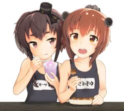  2girls :p anchor_symbol black_hair blue_one-piece_swimsuit blush brown_eyes brown_hair clothes_writing collarbone commentary drinking_straw eating flat_chest food gradient_hair hairband hat headgear highres holding holding_drinking_straw holding_food holding_spoon ice kantai_collection looking_at_viewer mini_hat multicolored_hair multiple_girls name_tag one-piece_swimsuit open_mouth purple_eyes school_swimsuit shaved_ice shiki_no_miko short_hair short_hair_with_long_locks speaking_tube_headset spoon spoon_straw swimsuit table takoyaki thick_eyebrows tokitsukaze_(kancolle) tongue tongue_out toothpick upper_body white_background yukikaze_(kancolle) 