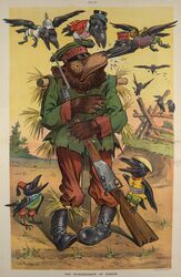  1904 20th_century absurd_res ambiguous_gender ancient_art anthro armor avian bayonet beak bear bird bite black_beak black_body black_feathers bolt-action bolt-action_rifle bolt_action bolt_action_rifle boots bottomwear brown_bear brown_body brown_fur character_name china claws closed_eyes clothed clothing corvid corvus_(genus) crow english_text feathered_wings feathers fence feral fez flying footwear fully_clothed fur furniture germany green_clothing green_topwear group gun hat headgear headwear helmet hi_res holding_gun holding_object holding_ranged_weapon holding_rifle holding_weapon japan john_pughe knife laugh male mammal military military_cap neck_tuft no_sclera nude on_one_leg open_beak open_mouth oscine ottoman outside pants passerine personification plant political_cartoon politics propaganda puck_(magazine) ranged_weapon red_bottomwear red_clothing red_pants rifle russia scarecrow sitting_on_another sitting_on_head soldier standing straw_(disambiguation) text toe_claws tongue top_hat topwear traditional_media_(artwork) tree tuft union_jack united_kingdom ursine vest warrior weapon wings yellow_eyes 