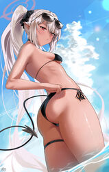  ass bare_arms bare_shoulders bikini black_bikini blue_archive blue_sky breasts closed_mouth cloud dark-skinned_female dark_skin demon_tail dutch_angle eyewear_on_head female highres iori_(blue_archive) iori_(swimsuit)_(blue_archive) lens_flare long_hair looking_at_viewer outdoors pointy_ears ponytail red_eyes ryudraw sidelocks sky small_breasts solo string_bikini sunglasses swimsuit tail thigh_strap very_long_hair wading water wet white_hair 