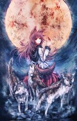  animal_ears brown_hair commentary dress female fingernails full_body full_moon highres imaizumi_kagerou long_fingernails long_hair long_sleeves looking_at_viewer looking_back moon open_mouth red_eyes red_nails standing tonan_(l0l0l0l0l0l) touhou wolf wolf_ears 