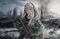  agent_416_(girls&#039;_frontline) assault_rifle bad_id bad_twitter_id black_gloves blunt_bangs facial_mark female girls&#039;_frontline gloves green_eyes green_jacket gun headphones headset hk416_(girls&#039;_frontline) holding holding_gun holding_weapon jacket long_hair long_sleeves looking_at_viewer p416 rain rifle ruins scope silence_girl solo teardrop tom_clancy&#039;s_the_division trigger_discipline upper_body weapon white_hair 