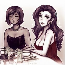  2girls artist_name asami_sato avatar_legends bare_shoulders black_hair bowl breasts brown_hair cleavage collarbone cup dark-skinned_female dark_skin dress earrings eyeshadow green_eyes hair_between_eyes hair_ornament hairclip iahfy jewelry korra lipstick long_hair looking_at_breasts looking_at_viewer makeup monochrome multiple_girls necklace plate red_dress red_lips short_hair sleeveless smile sparkle spoon strapless strapless_dress table the_legend_of_korra watermark 