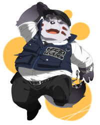  2016 anthro belly big_belly black_nose bottomwear closed_eyes clothing hat headgear headwear hinami humanoid_hands kemono male overweight overweight_male pants police popori shirt solo tera_online topwear unavailable_at_source video_games 