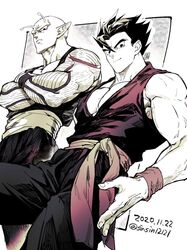  2boys abs bare_arms bare_pectorals bare_shoulders black_hair closed_mouth crossed_arms dated dougi dragon_ball dragon_ball_z from_below hair_strand limited_palette looking_at_viewer male_focus multiple_boys muscular muscular_male pectoral_cleavage pectorals piccolo pointy_ears sash shin_(sinsin12121) sidepec signature simple_background smile son_gohan spiked_hair twitter_username 