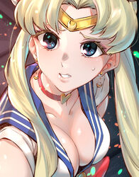  absurdres bad_id bad_pixiv_id bishoujo_senshi_sailor_moon bishoujo_senshi_sailor_moon_s blonde_hair blue_eyes breasts choker cleavage clenched_teeth collarbone crescent derivative_work downblouse earrings female forehead_jewel hair_over_shoulder heart heart_choker highres jewelry large_breasts long_hair magical_girl meme moto_toshi sailor_collar sailor_moon sailor_moon_redraw_challenge_(meme) sailor_senshi_uniform screenshot_redraw solo sweatdrop teeth tsukino_usagi twintails upper_body 