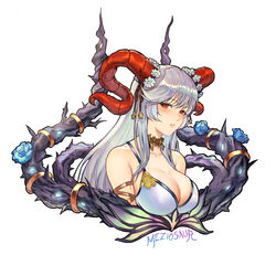  alternate_costume artist_name bare_shoulders bikini blush breasts cleavage collarbone detached_collar female fire_emblem fire_emblem_heroes flower freyja_(fire_emblem) freyja_(summer)_(fire_emblem) goat_horns grey_hair hair_ornament horns large_breasts lips long_hair looking_at_viewer meziosaur official_alternate_costume parted_lips red_eyes shiny_skin signature sleeveless solo swimsuit thorns upper_body white_bikini 