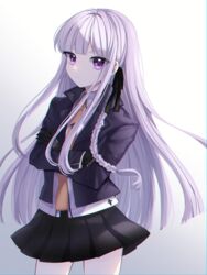  absurdres black_gloves black_jacket black_ribbon black_skirt blunt_bangs braid closed_mouth commentary cowboy_shot crossed_arms danganronpa:_trigger_happy_havoc danganronpa_(series) female frown gloves gradient_background hair_ornament hair_ribbon highres jacket kenouo kirigiri_kyoko long_hair long_sleeves looking_at_viewer miniskirt open_clothes pleated_skirt purple_eyes ribbon shirt side_braid simple_background single_braid skirt solo very_long_hair white_background white_shirt 