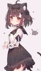  ahoge animal_ear_fluff animal_ears annin_miru black_bow black_flower black_rose black_skirt blunt_bangs blush bow brown_eyes brown_hair cat_ears cat_tail choker closed_mouth commentary earrings extra_ears female flower frilled_skirt frills from_side hair_flower hair_ornament hairbow heart heart-shaped_pupils heart_earrings high-waist_skirt highres indie_virtual_youtuber jewelry long_sleeves looking_at_viewer looking_to_the_side own_hands_together puffy_sleeves roin rose short_hair sidelocks simple_background skirt solo symbol-shaped_pupils tail upper_body virtual_youtuber 